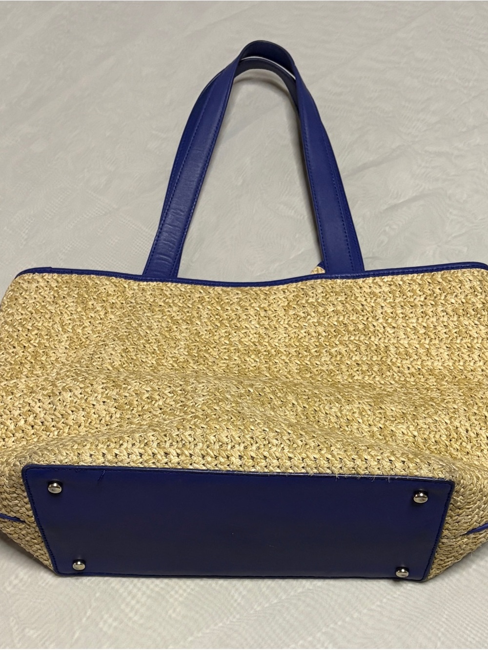 Kate Spade New York Straw Woven Tote Bag Blue Leather Trim Bow Accent - Picture 5 of 13